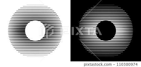 Transition parallel lines in circles. Abstract art geometric background for logo, icon, tattoo. Black shape on a white background and the same white shape on the black side. Transition parallel lines in circles. Abstract art geometric background for logo, icon, tattoo. Black shape on a white background and the same white shape on the black side. 110380974