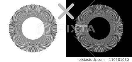 Abstract vector circle with halftone cross as logo or icon. Black shape on a white background and the same white shape on the black side. Abstract vector circle with halftone cross as logo or icon. Black shape on a white background and the same white shape on the black side. 110381080