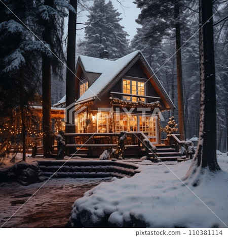 AI-generated content. Cozy winter forest house in snow, Christmas atmosphere with warm light in windows, holiday postcard view 110381114