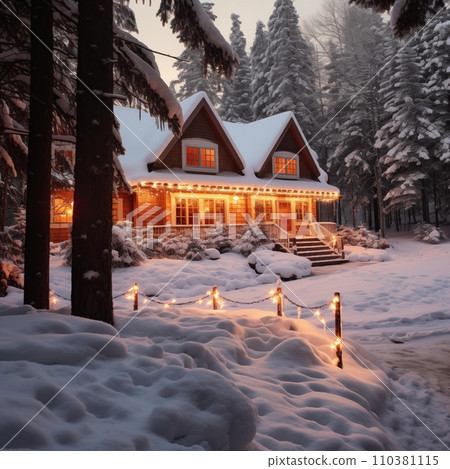 AI-generated content. Cozy winter forest house in snow, Christmas atmosphere with warm light in windows, holiday postcard view AI-generated content. Cozy winter forest house in snow, Christmas atmosphere with warm light in windows, holiday postcard view 110381115