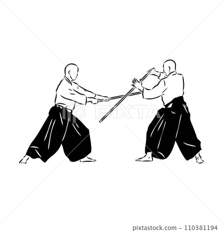 Aikido combat between athletes, stylized vector illustration Aikido combat between athletes, stylized vector illustration 110381194
