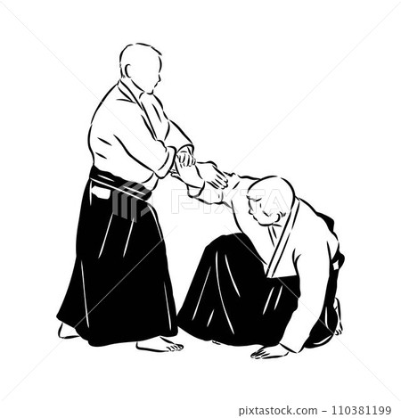 Aikido combat between athletes, stylized vector illustration Aikido combat between athletes, stylized vector illustration 110381199