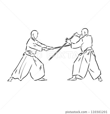Aikido combat between athletes, stylized vector illustration Aikido combat between athletes, stylized vector illustration 110381201