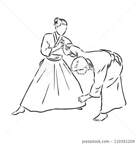 Aikido combat between athletes, stylized vector illustration Aikido combat between athletes, stylized vector illustration 110381209