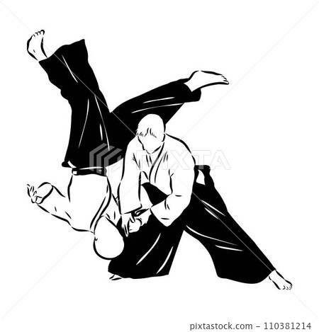 Aikido combat between athletes, stylized vector illustration 110381214