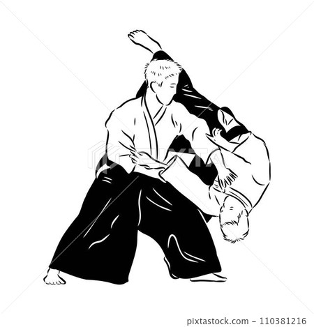 Aikido combat between athletes, stylized vector illustration Aikido combat between athletes, stylized vector illustration 110381216