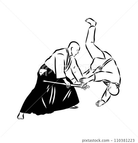 Aikido combat between athletes, stylized vector illustration Aikido combat between athletes, stylized vector illustration 110381223