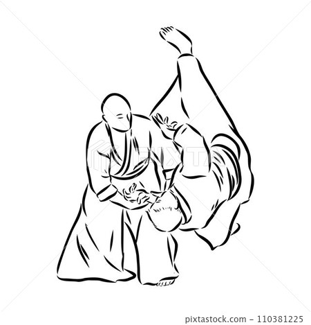 Aikido combat between athletes, stylized vector illustration Aikido combat between athletes, stylized vector illustration 110381225