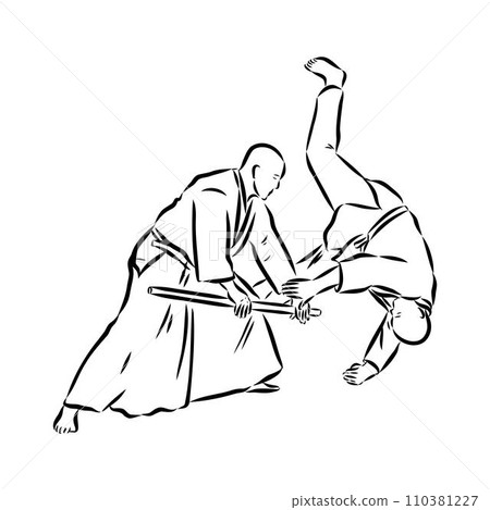 Aikido combat between athletes, stylized vector illustration Aikido combat between athletes, stylized vector illustration 110381227