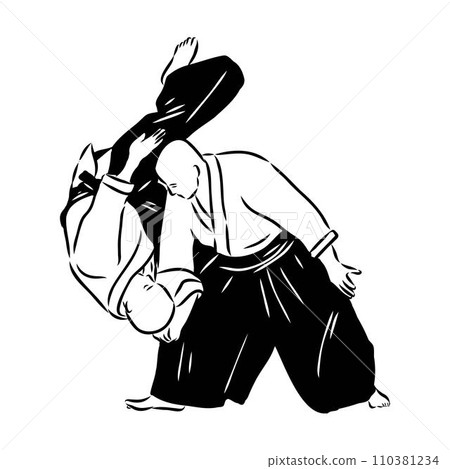 Aikido combat between athletes, stylized vector illustration 110381234