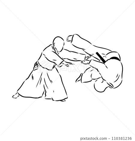 Aikido combat between athletes, stylized vector illustration 110381236