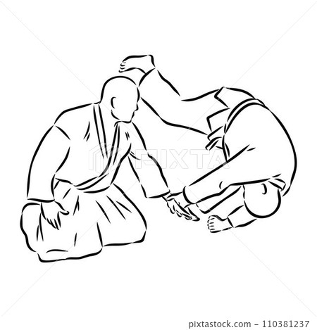 Aikido combat between athletes, stylized vector illustration Aikido combat between athletes, stylized vector illustration 110381237
