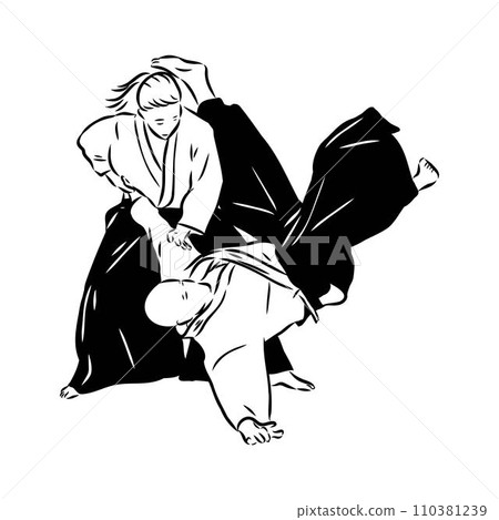 Aikido combat between athletes, stylized vector illustration Aikido combat between athletes, stylized vector illustration 110381239