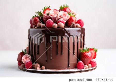 AI-generated content. Beautiful tall chocolate cake decorated with strawberries decorated with flowers with chocolate ganache dripping on the sides, light background 110381240