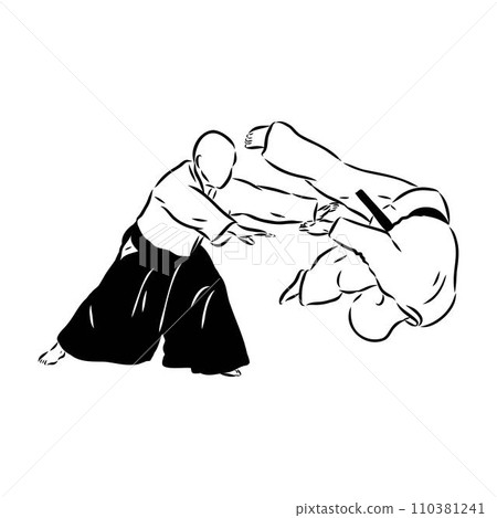 Aikido combat between athletes, stylized vector illustration Aikido combat between athletes, stylized vector illustration 110381241