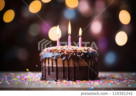 AI-generated content. Chocolate frosted birthday cake on the table with burning candles, beautiful bokeh background 110381242