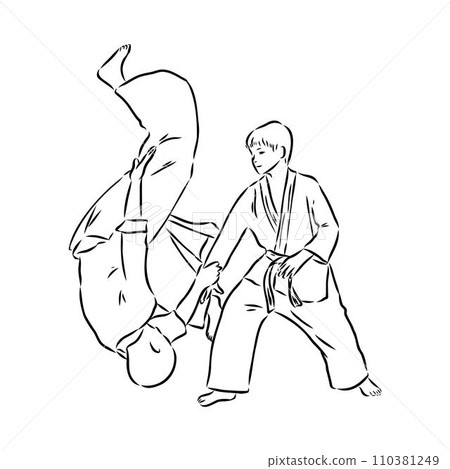 Aikido combat between athletes, stylized vector illustration Aikido combat between athletes, stylized vector illustration 110381249