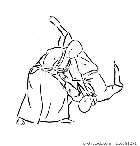 Aikido combat between athletes, stylized vector illustration Aikido combat between athletes, stylized vector illustration 110381251