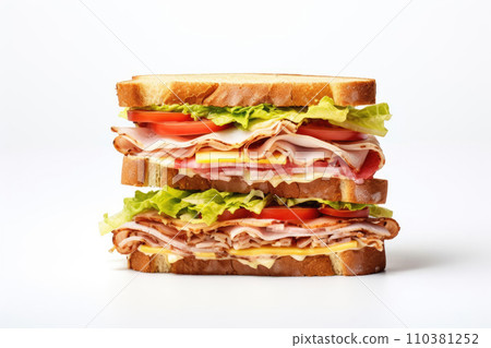 AI-generated content. Layered tall club sandwich on the white background with ham, cheese, tomatoes, lettuce AI-generated content. Layered tall club sandwich on the white background with ham, cheese, tomatoes, lettuce 110381252