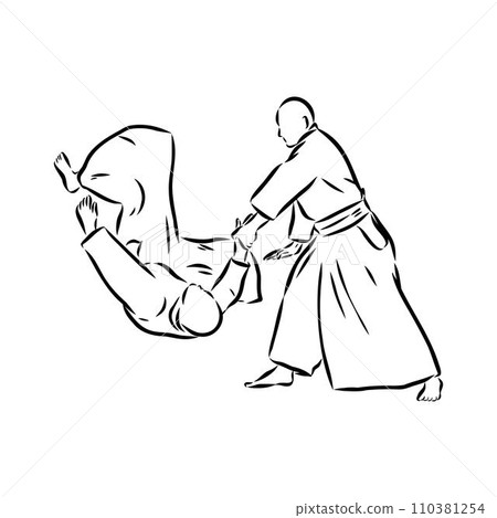Aikido combat between athletes, stylized vector illustration 110381254