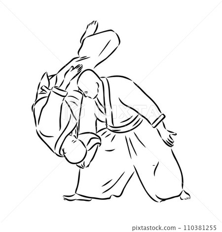 Aikido combat between athletes, stylized vector illustration Aikido combat between athletes, stylized vector illustration 110381255