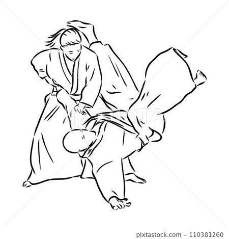 Aikido combat between athletes, stylized vector illustration 110381260