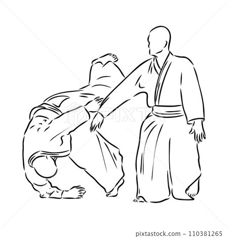 Aikido combat between athletes, stylized vector illustration Aikido combat between athletes, stylized vector illustration 110381265