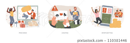 Bookmaker market isolated concept vector illustration set. Prize draw, cheating, sports betting mobile app, computer games, online e-sport gambling, winner strategy, competition vector concept. 110381446