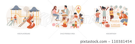 Children entertainment isolated concept vector illustration set. Kids playground, child friendly area, kids birthday, family restaurant, shopping mall, party ideas, celebration vector concept. 110381454