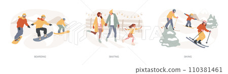 Winter sport isolated concept vector illustration set. Snowboarding, skating and skiing, mountain holiday, extreme sports, freestyle rider, ice rink, active lifestyle, family fun vector concept. Winter sport isolated concept vector illustration set. Snowboarding, skating and skiing, mountain holiday, extreme sports, freestyle rider, ice rink, active lifestyle, family fun vector concept. 110381461