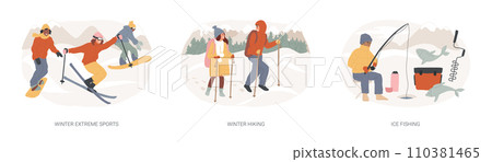 Mountain vacation isolated concept vector illustration set. Winter extreme sports, winter hiking, ice fishing, ski and snowboard equipment, travel and hobby, outdoor activity vector concept. 110381465
