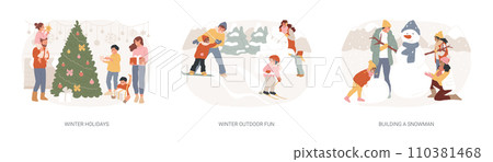 Winter entertainment isolated concept vector illustration set. Winter holidays, outdoor fun, building a snowman, Christmas eve, snowball fight, sledding, ski resort vacation vector concept. 110381468