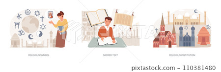 Religious practice isolated concept vector illustration set. Religious symbol, sacred text, religious institution, catholic church, holy book, torah, latin cross, star of david vector concept. Religious practice isolated concept vector illustration set. Religious symbol, sacred text, religious institution, catholic church, holy book, torah, latin cross, star of david vector concept. 110381480