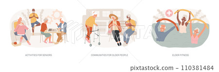 Retiree lifestyle isolated concept vector illustration set. Activities for seniors, communities for older people, elder fitness, nursing home, health support, social activity vector concept. 110381484