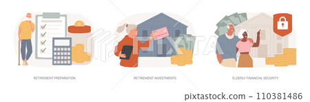 Retirement financial planning isolated concept vector illustration set. Retirement preparation, investments and elderly financial security, retiree budget, pension account, seniors vector concept. 110381486