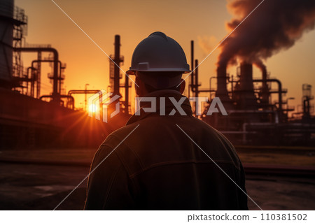 Oil crude and gas refineries. Worker in a Hard construnction helmet at Oil refinery plan 110381502