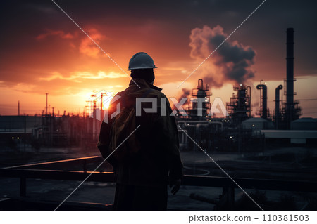 Oil crude and gas refineries. Worker in a Hard construnction helmet at Oil refinery plan Oil crude and gas refineries. Worker in a Hard construnction helmet at Oil refinery plan 110381503