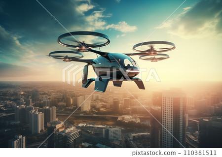 Flying car in sky. Electric air car flight above a cityscape.  110381511