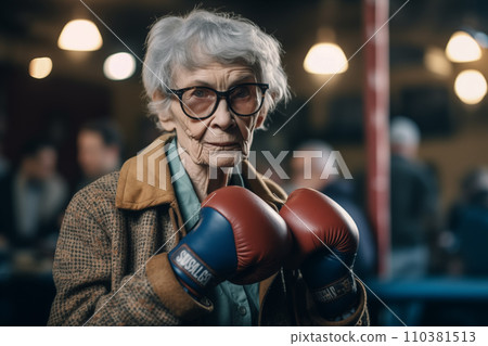 Old Woman in boxing gloves in fight. Grandmother boxer in boxing gloves on boxing ring. 110381513