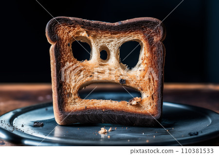 Burnt toast with an angry face expressing the emotion of sadness or sarcasm. Burnt toast with an angry face expressing the emotion of sadness or sarcasm. 110381533