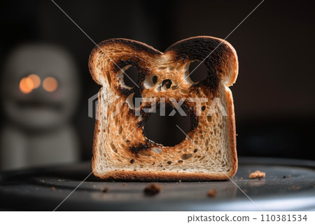 Burnt toast with an angry face expressing the emotion of sadness or sarcasm. Burnt toast with an angry face expressing the emotion of sadness or sarcasm. 110381534