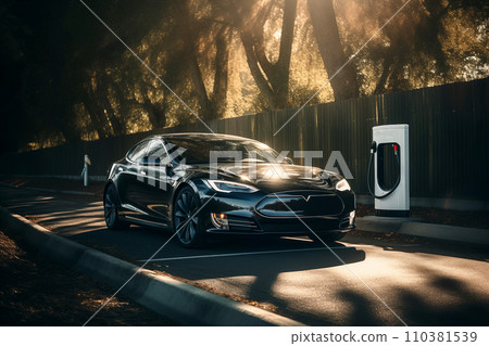 Electric Car on Charging. Charge an Electric Car. Powered car charging station. 110381539