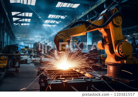 Robotic Welding. Robots welding in workshop of industrial plant. 110381557