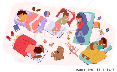 Sleeping Kids Characters. In The Cozy Kindergarten Room, Little Ones Peacefully Rest On Mats, Snuggled In Blankets Sleeping Kids Characters. In The Cozy Kindergarten Room, Little Ones Peacefully Rest On Mats, Snuggled In Blankets 110381581