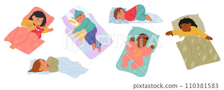 Peaceful Children Characters Sleep, Nestled In Dreams. Soft Breaths And Gentle Sighs Create A Lullaby, Vector 110381583