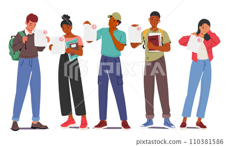 Disheartened Students Characters Display C And F Test Scores, Faces Reflecting Spectrum Of Emotions, Vector Illustration Disheartened Students Characters Display C And F Test Scores, Faces Reflecting Spectrum Of Emotions, Vector Illustration 110381586