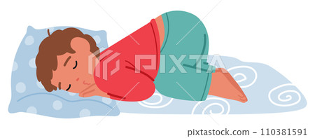 Adorable Child Peacefully Sleeps Facedown, Dreaming Sweetly in Cozy Bed with Soft Pillow. Cute Baby Character Sleeping Adorable Child Peacefully Sleeps Facedown, Dreaming Sweetly in Cozy Bed with Soft Pillow. Cute Baby Character Sleeping 110381591