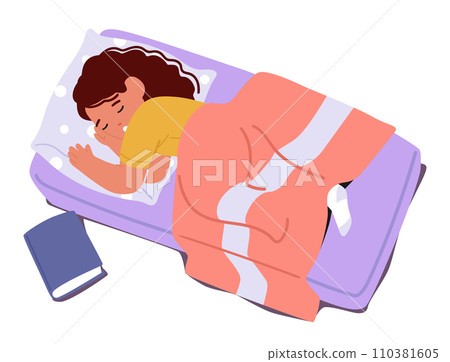 Kid Character Sleeping in Elementary Class. Child Peacefully Nap On Colorful Mat In The Cozy Classroom, Vector Kid Character Sleeping in Elementary Class. Child Peacefully Nap On Colorful Mat In The Cozy Classroom, Vector 110381605