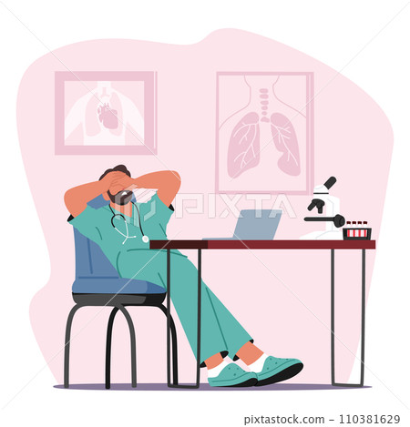 Weary And Disheartened Doctor Slouches In His Office, Burdened By Exhaustion And Sorrow, Vector Illustration 110381629
