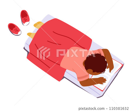 Young Boy Character Peacefully Reading Book Lying On Mat In The Quiet Classroom, During Daytime Nap, Vector Illustration 110381632